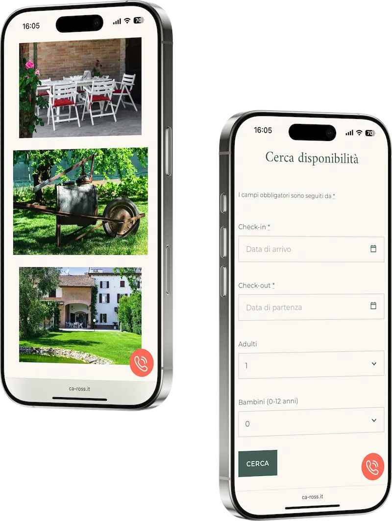 Sito Ca' Ross Resort su smartphone: galleria del giardino e modulo Cerca disponibilità