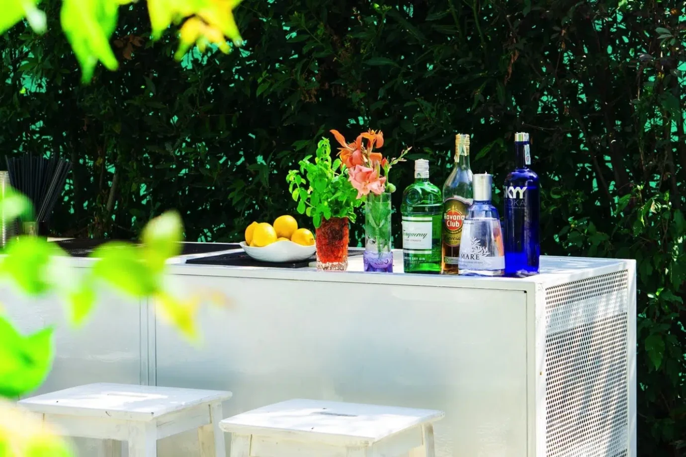 Ca' Ross Resort: angolo bar all'aperto con bottiglie, fiori e limoni tra il verde