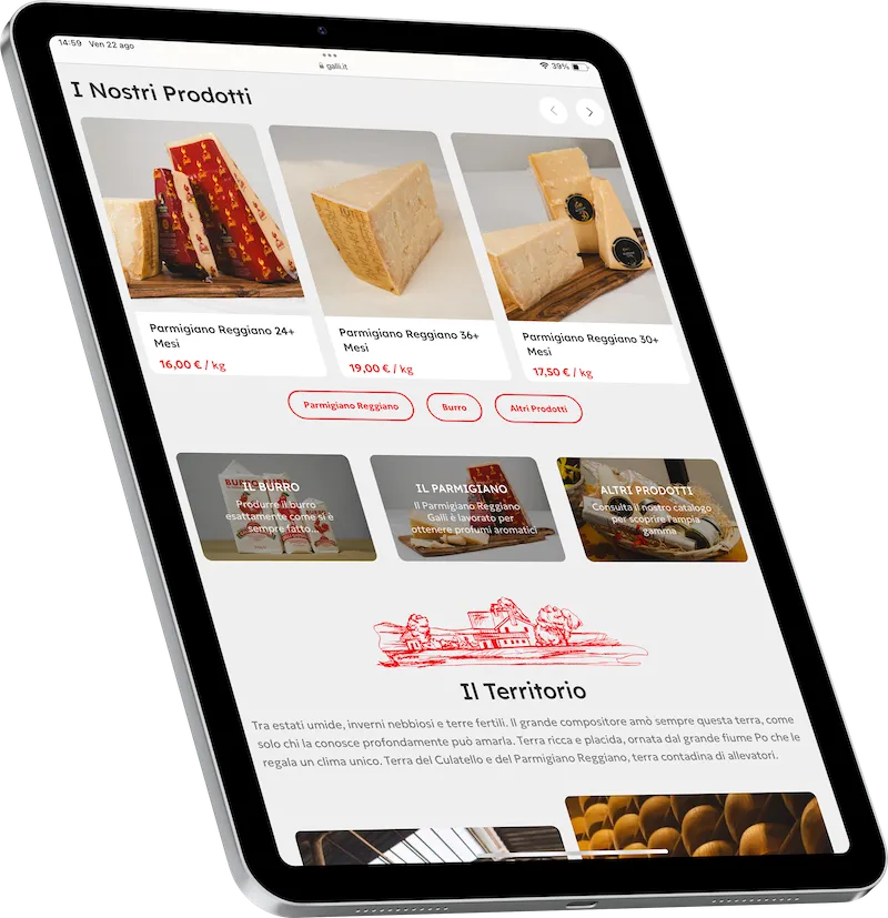 Sito Galli su tablet: catalogo di Parmigiano Reggiano e sezione Il Territorio