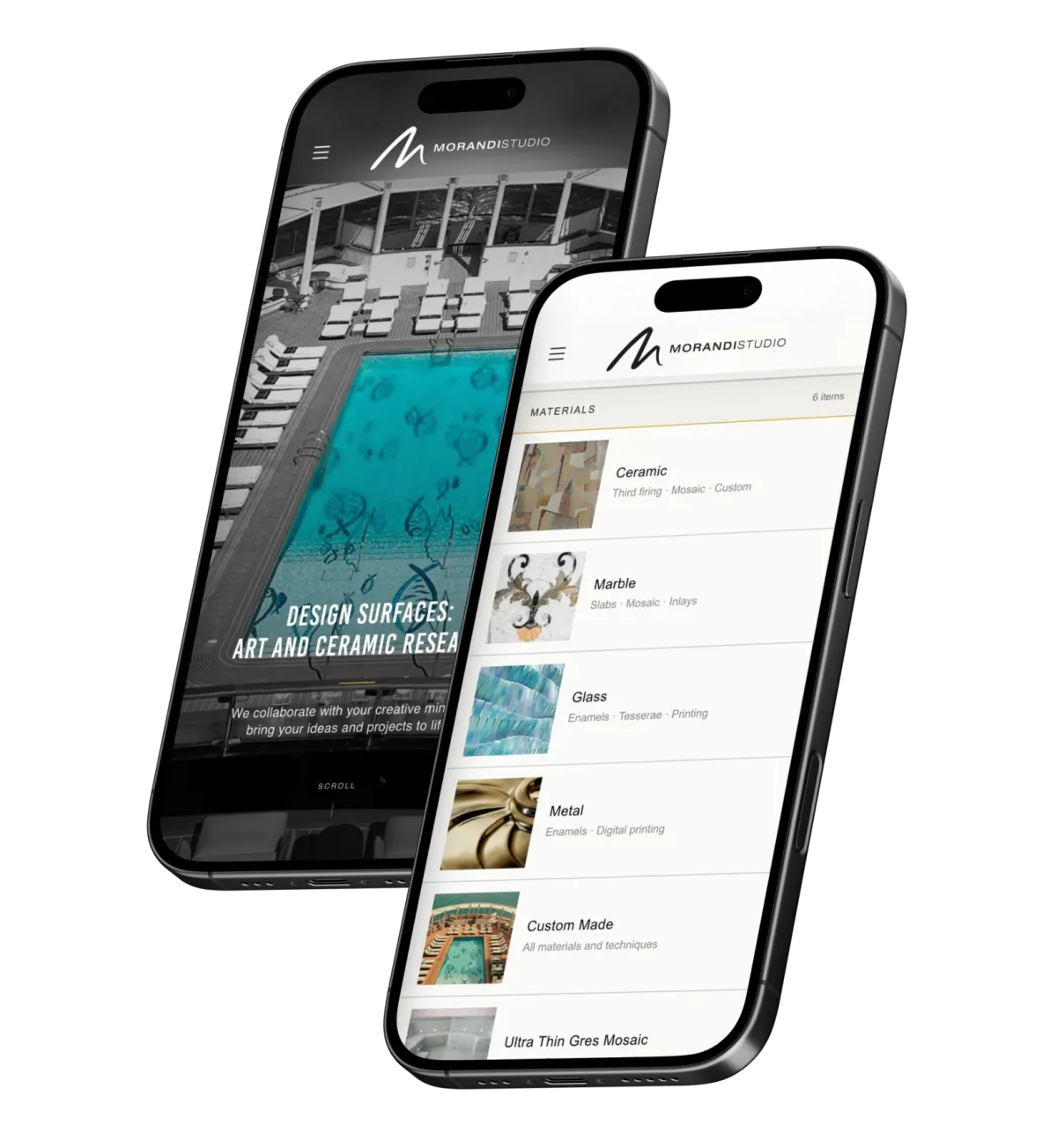 Sito Morandistudio su due smartphone: home page ed elenco dei materiali